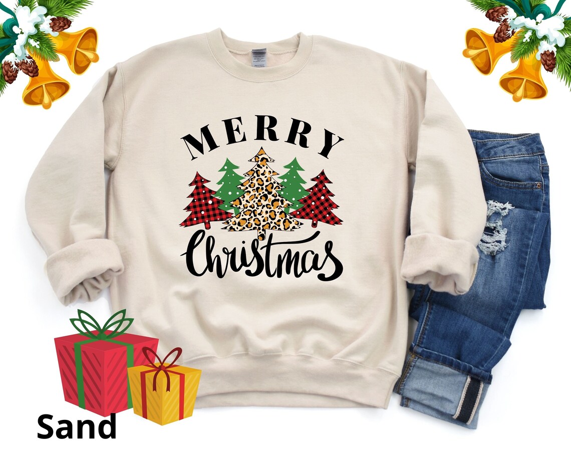 Merry Christmas Sweatshirt, Christmas Sweatshirt, Buffalo Plaid Christmas Sweatshirt, Cheetah Sweatshirt, Leopard Christmas Sweatshirt