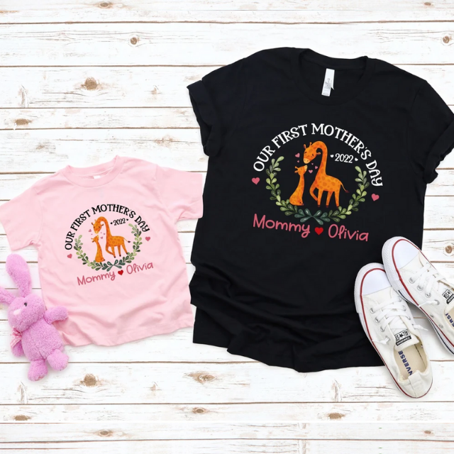 Personalized Our First Mothers Day Shirt, Mommy and me Giraffe Matching Shirt