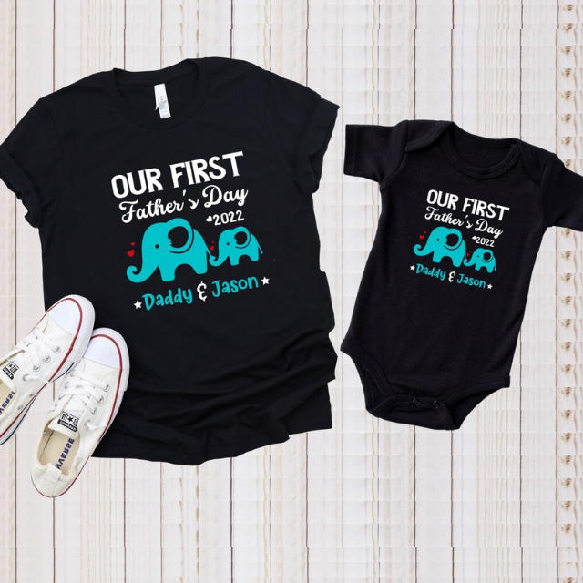 Personalized Our First Fathers Day Shirt, Daddy and Me Elephant Matching Shirt