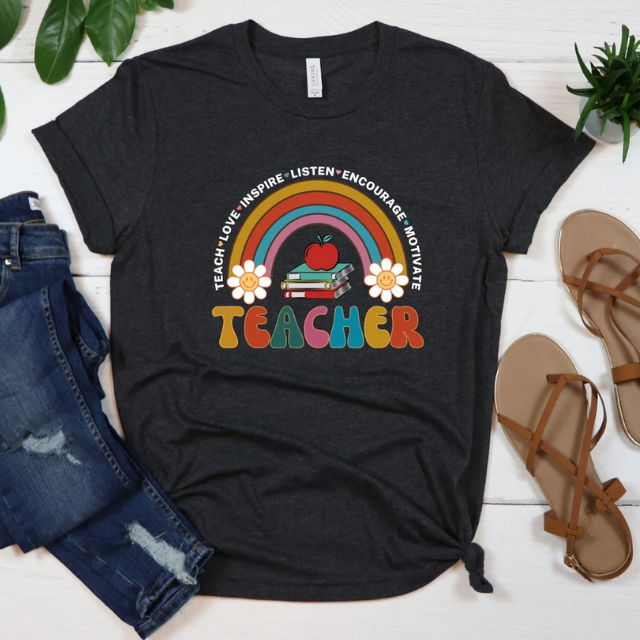 Teach Love Inspire Teacher Rainbow Shirt, Retro Rainbow Teacher Shirt