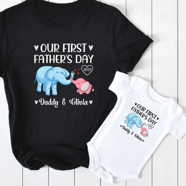Personalized Our First Fathers Day Shirt, Twin Dad Elephant Matching Shirt