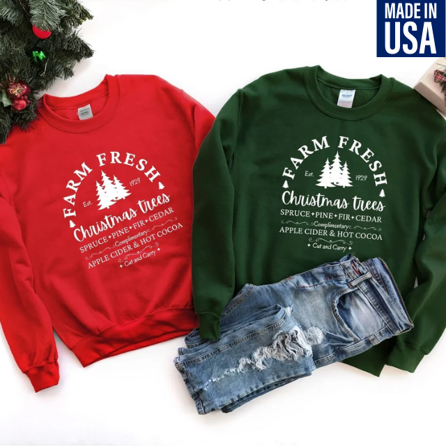 Christmas Sweatshirt, Farm Fresh Christmas Trees Sweatshirt, Christmas Tree Sweatshirt