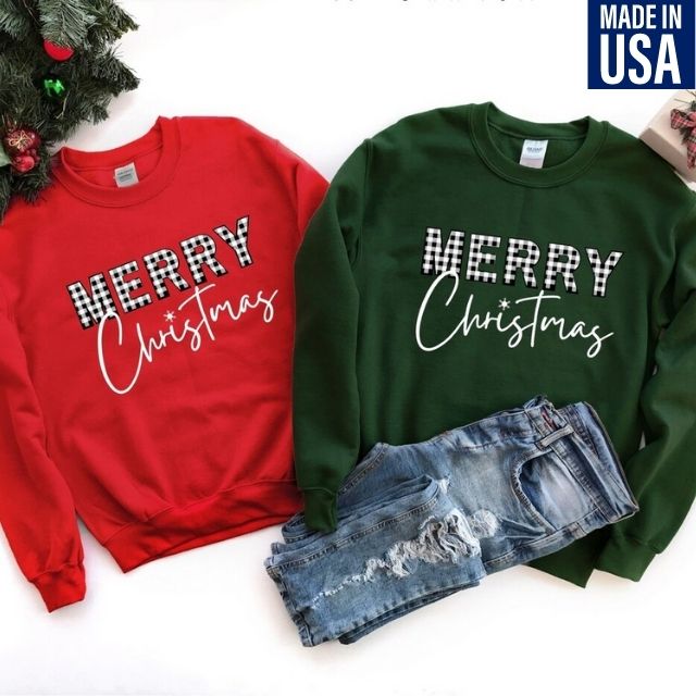 Merry Christmas Sweatshirt, Buffalo Plaid Christmas Sweatshirt, Christmas Shirt
