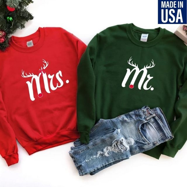 Mr And Mrs Antlers Couple Christmas Sweatshirts, Christmas Couple Sweatshirts