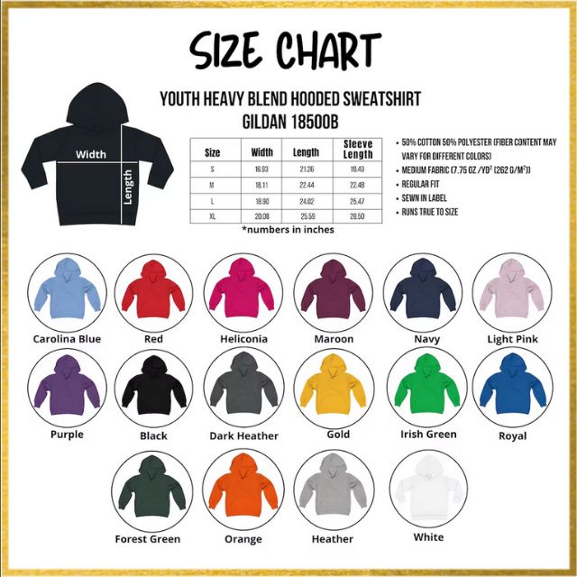 Youth Heavy Blend Hoodie - Size and color chart