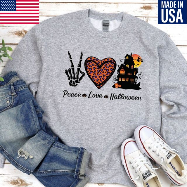 Peace love Halloween Sweatshirt, Skeleton Halloween Sweatshirt, Mom Halloween