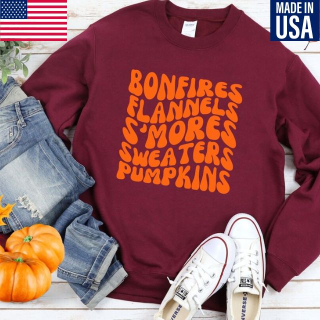 Retro Fall sweatshirt, Bonfires Flannels Smores Sweater Pumpkins Fall Sweatshirt