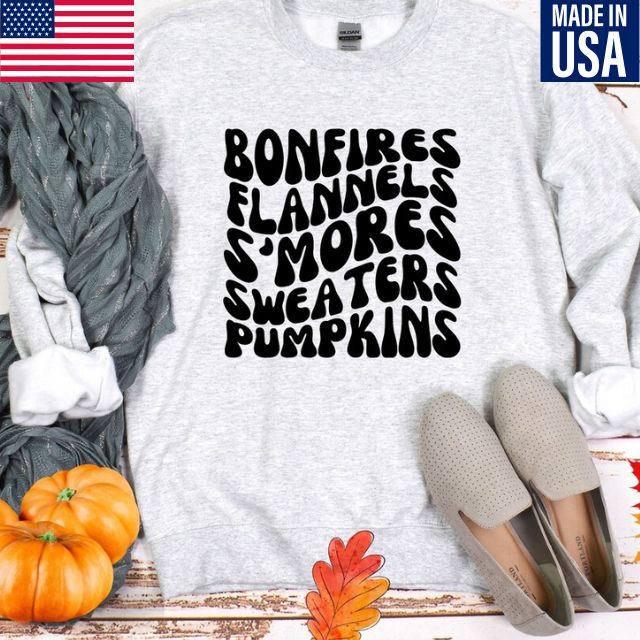 Retro Fall sweatshirt, Bonfires Flannels Smores Sweater Pumpkins Fall Sweatshirt