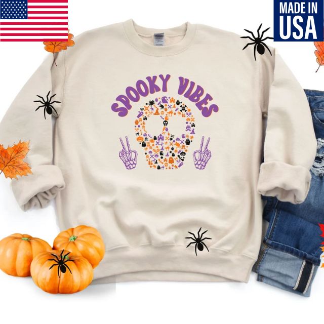 Spooky Vibes Halloween Sweatshirt, Halloween Skull Sweatshirt