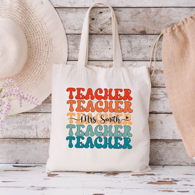 Custom Name Retro Teacher Tote Bag
