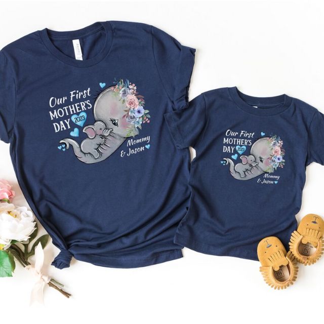 Mommy and me Elephant Matching Shirt, Personalized Our First Mothers Day Shirt