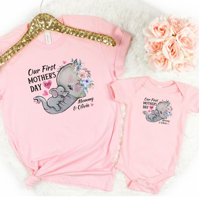 Mommy and me Elephant Matching Shirt, Personalized Our First Mothers Day Shirt