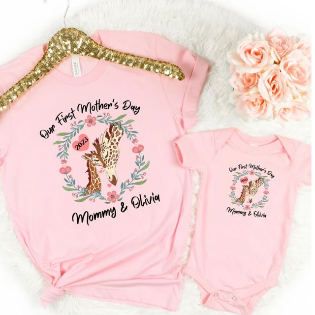 Personalized First Mothers Day Giraffe Matching Shirt, First Mothers Day Shirt