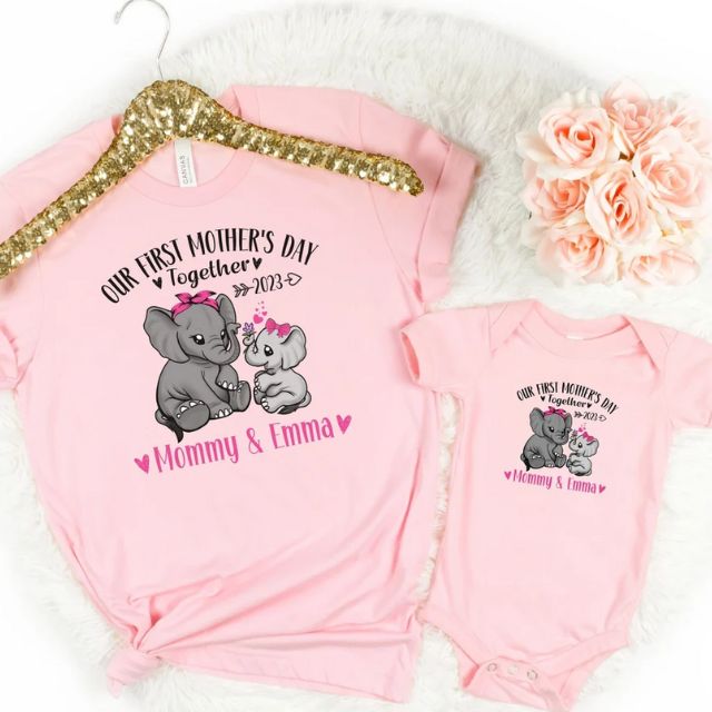 Personalized Our First Mothers Day Shirt, Mommy and me Elephant Matching Shirt
