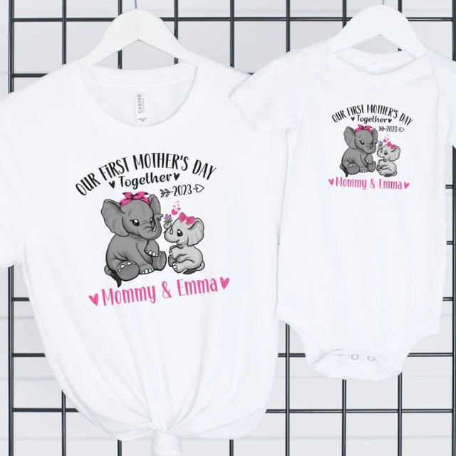 Personalized Our First Mothers Day Shirt, Mommy and me Elephant Matching Shirt