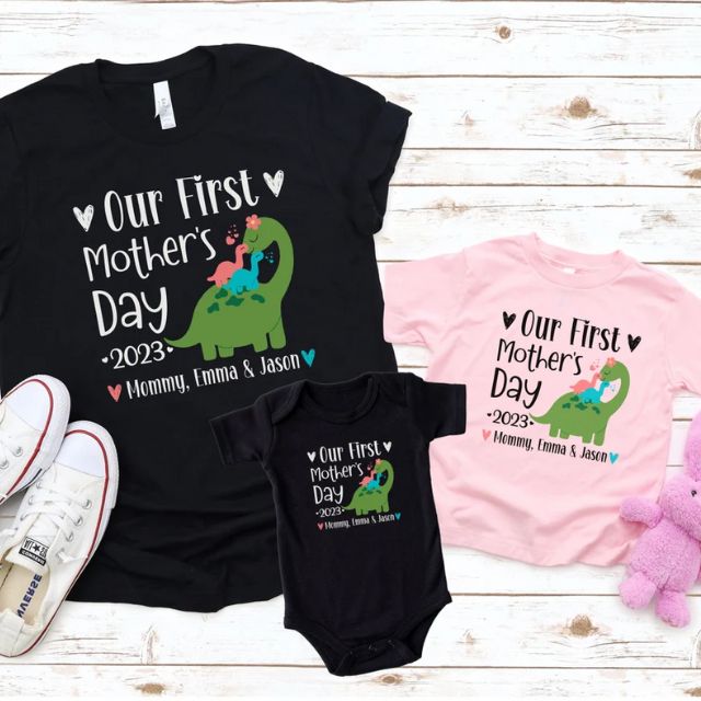 Personalized Our First Mothers Day Shirt, Twin Mommy and me Dinosaur Matching Shirt
