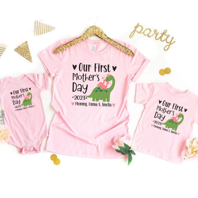 Personalized Our First Mothers Day Shirt, Twin Mommy and me Dinosaur Matching Shirt