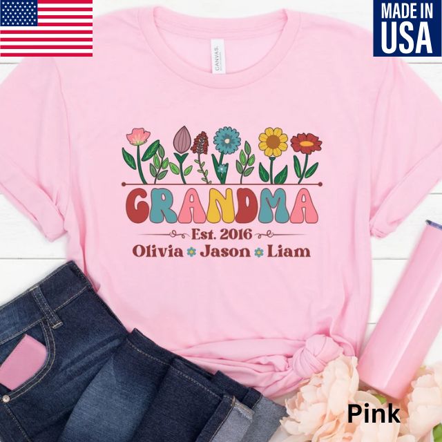 Wildflowers Grandma Shirt, Personalized Grandma Shirt with Grandkids Name