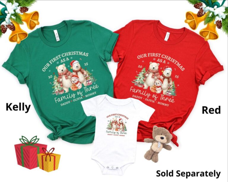Personalized First Christmas Matching Family of 3 Shirts – Soft, Premium Tee for Mom, Dad & Baby | Perfect New Parent Holiday Gift