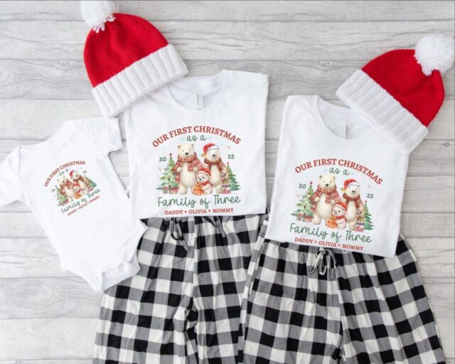 Personalized First Christmas Matching Family of 3 Shirts – Soft, Premium Tee for Mom, Dad & Baby | Perfect New Parent Holiday Gift