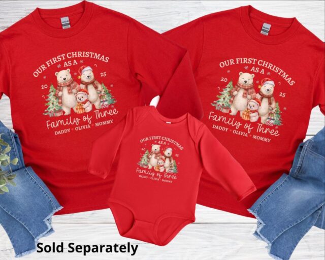 Personalized First Christmas Matching Family of 3 Shirts – Soft, Premium Tee for Mom, Dad & Baby | Perfect New Parent Holiday Gift