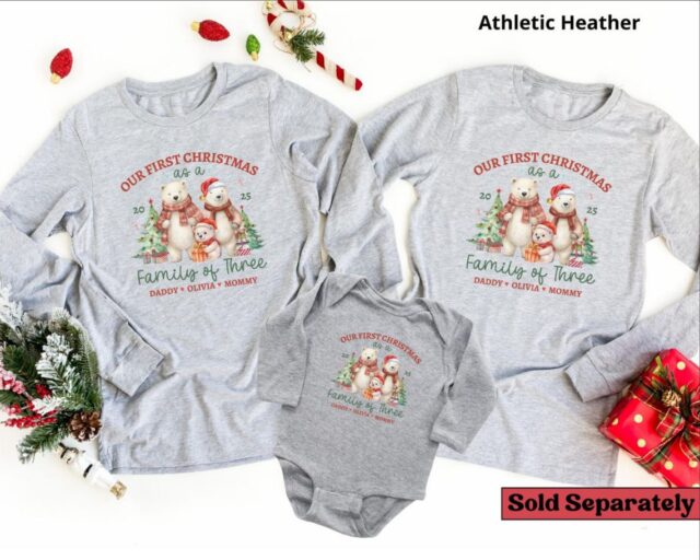Personalized First Christmas Matching Family of 3 Shirts – Soft, Premium Tee for Mom, Dad & Baby | Perfect New Parent Holiday Gift