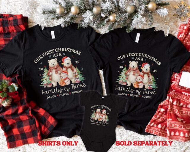Personalized First Christmas Matching Family of 3 Shirts – Soft, Premium Tee for Mom, Dad & Baby | Perfect New Parent Holiday Gift